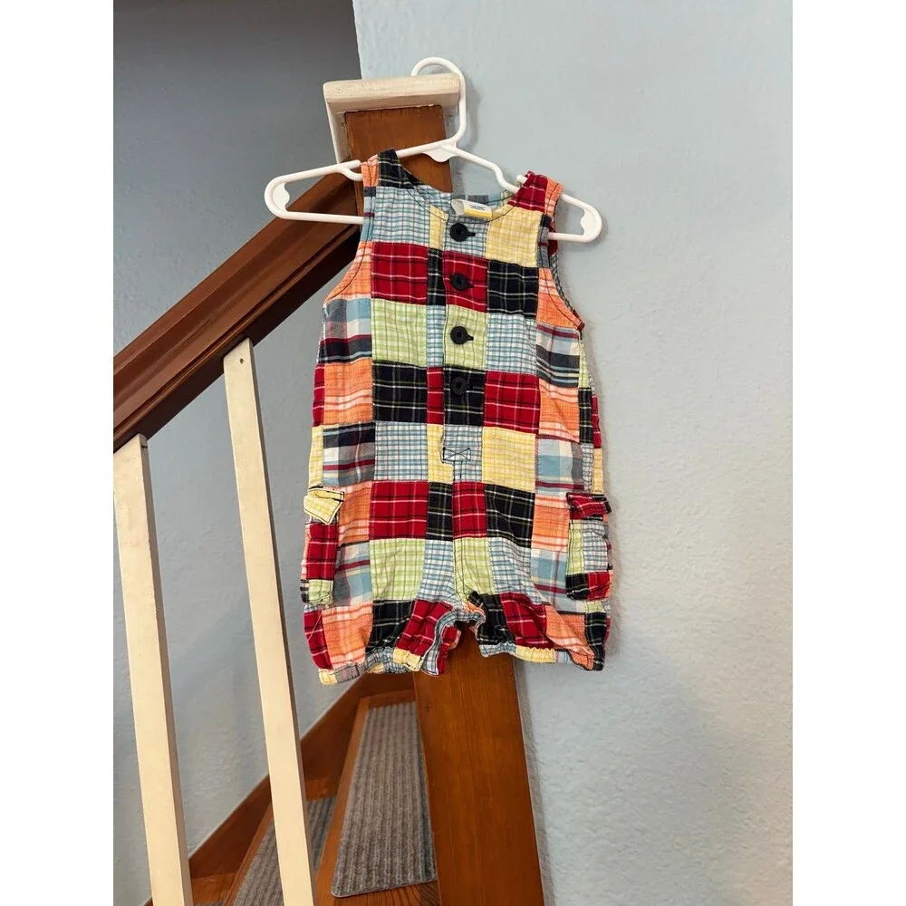 Old navy vintage Y2K madras patchwork plaid bubble romper 3/6 mths colorful